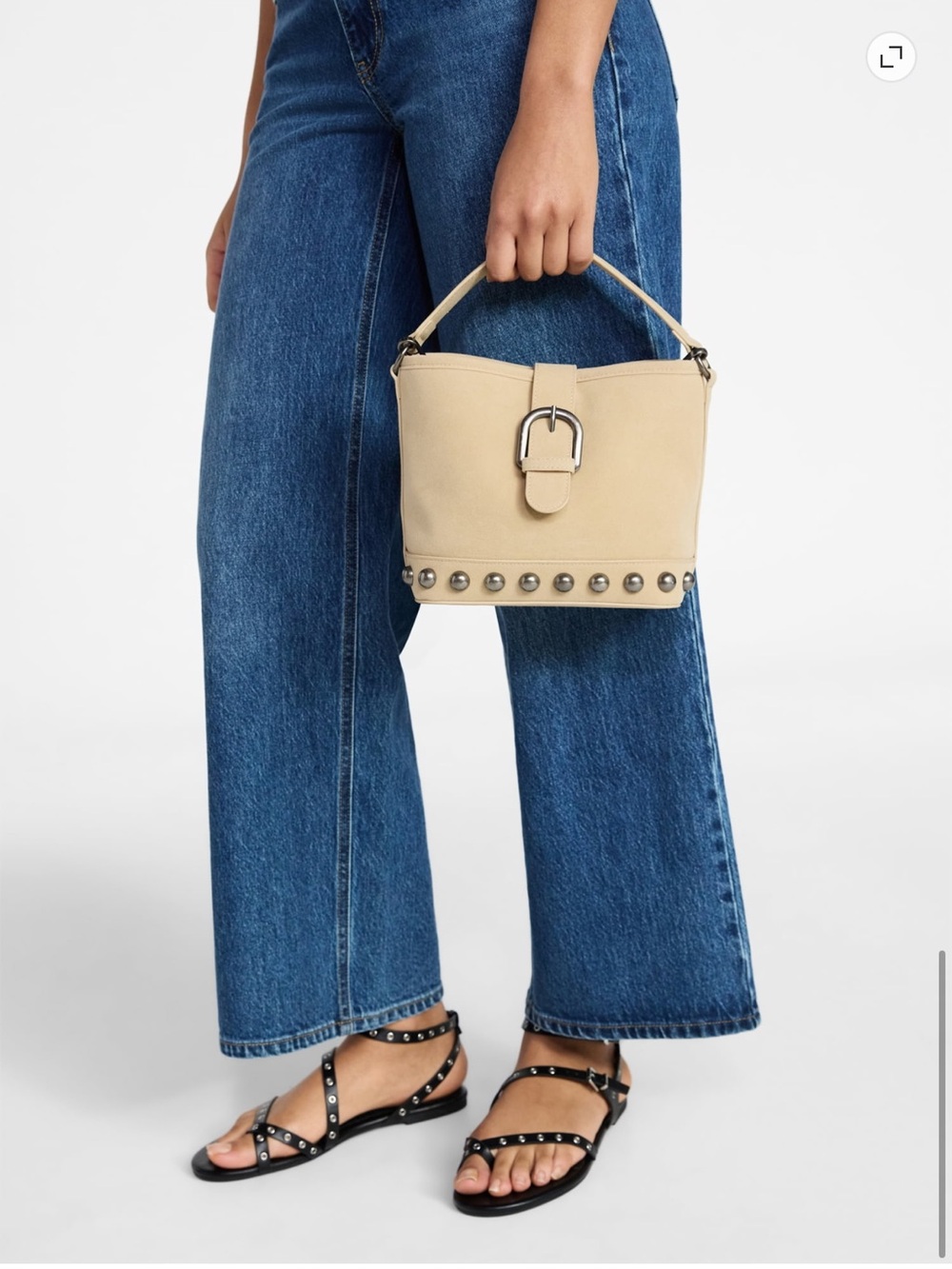 No boundaries women’s studded faux suede moto bucket bag, Beige